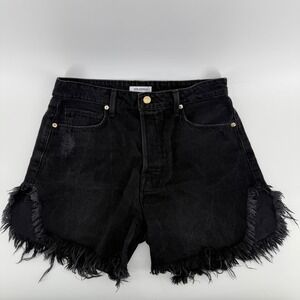 Good American Black High-Rise Frayed Hem Denim Shorts